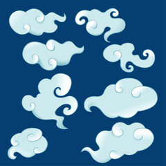 Vector of different shapes of Chinese style clouds in light blue color mode.