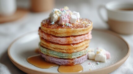 Stack of pancakes on a white plate. the pancakes are golden brown and appear to be freshly made. on top of the stack, there is a generous amount of whipped cream and sprinkles.