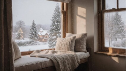 Cozy Window Seat Overlooking a Snowy Winter Landscape.