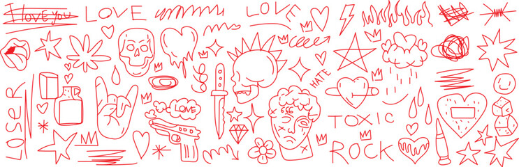 Abstract red line drawings on white background with various symbols  dense composition of red line drawings featuring abstract shapes, figures, and text scattered across a white surface.