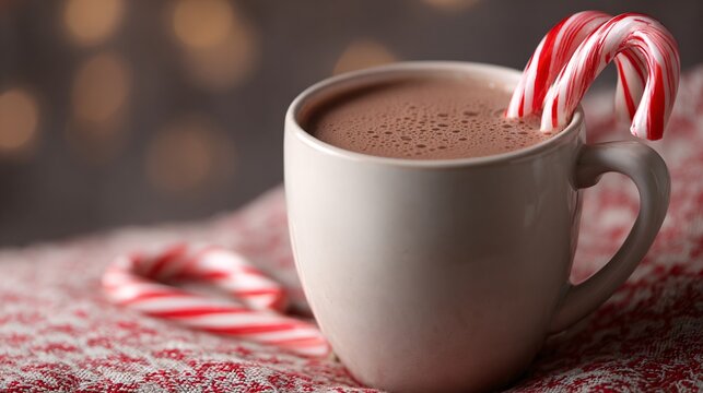 A mug of hot cocoa with candy cane stirrer, cozy background