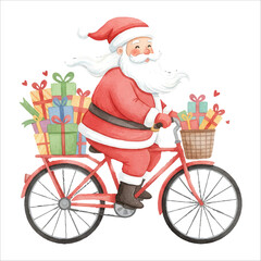Watercolor Santa Claus Riding a Bicycle Delivering Christmas Gifts, Cute Holiday Illustration on White Background
