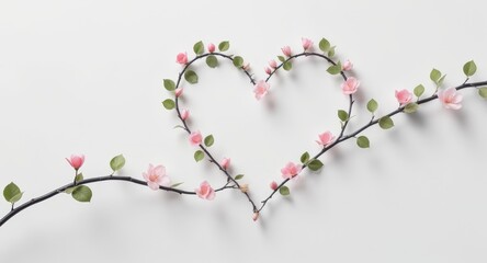 Pink Flowering Branch Heart Shape on White Background Romantic Natural Decor