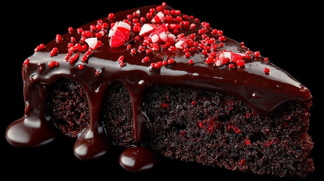 A peppermint chocolate cake slice, glossy ganache, red sprinkles, top-down