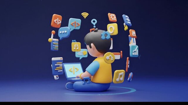 Immersive digital experience for a young learner coding on a laptop, surrounded by technology and application icons