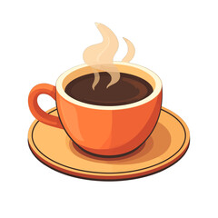 Orange Ceramic Coffee Cup Filled With Dark Hot Beverage Emitting Steam on a Matching Saucer