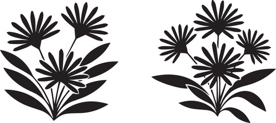 Two stylized black silhouette floral arrangements with delicate petals and leaves on a white background
