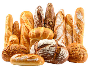 A collection of various golden-brown loaves of bread, baguettes, and round artisanal breads arranged together