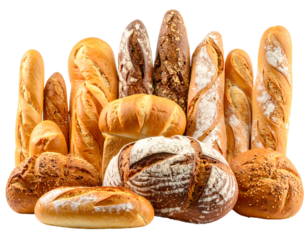 A collection of various golden-brown loaves of bread, baguettes, and round artisanal breads arranged together