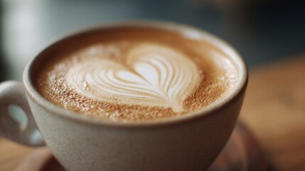 Close-up of a cup of coffee. the cup is made of ceramic and has a handle on the side. the coffee is a light brown color and is sitting on a wooden table.