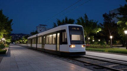 Naklejka premium Tranquil Night View of Modern Light Rail System Gliding Through Urban Landscape