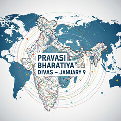 Global map with India highlighted and interconnected lines representing Pravasi Bharatiya Divas world map