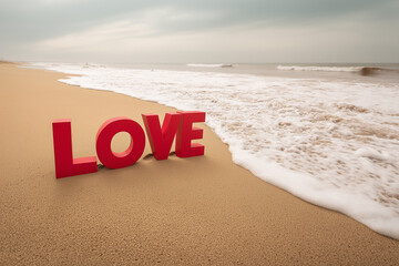 Red "LOVE" Word Sign on a Serene Sandy Beach with Ocean Waves - Romance and Valentine's Day Concept