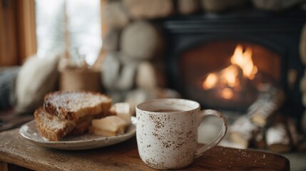 Fototapeta premium Wooden table with a plate of toast and a cup of coffee on it. the plate is on the left side of the table and the cup is in the center.