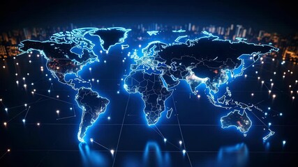 Glowing outline of a world map with interconnected dots symbolizing global network communication and futuristic technology on a dark background - Powered by Adobe