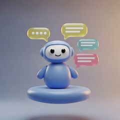A cute 3D rendered blue chatbot robot on a platform with colorful speech bubbles symbolizing AI communication.