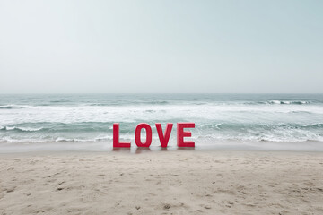 Red "LOVE" Word Sign on a Serene Sandy Beach with Ocean Waves - Romance and Valentine's Day Concept