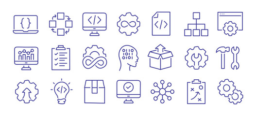 DevOps methodology and software development concept editable stroke outline icons set isolated on white background flat vector illustration. Pixel perfect. 64 x 64.
