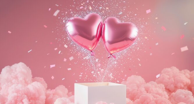 Pink Heart Balloons Floating Above Cloudscape in Celebration Scene - Powered by Adobe