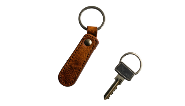 Leather key fob and simple metal key isolated against black - Powered by Adobe