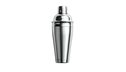 Polished stainless steel cocktail shaker, shiny, against black