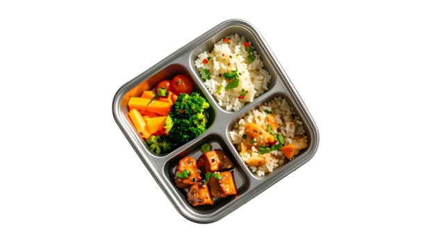 Bento box with balanced meal rice, veggies, protein, tomatoes