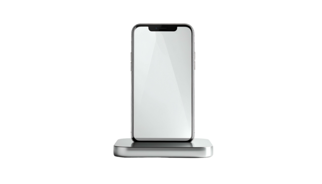 Smartphone with blank screen on a metal stand, isolated