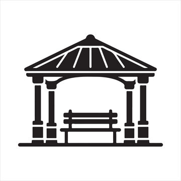 Black gazebo icon featuring bench and roof design representing peaceful garden rest area and architectural landscape design