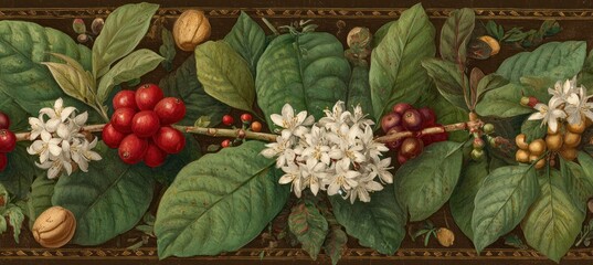 Coffee Plant Border - A Detailed Botanical Illustration with Berries and Flowers.