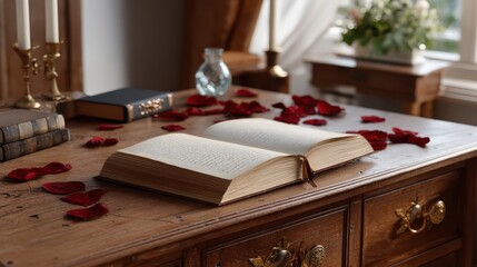 Vintage Open Journal on Wooden Desk Surrounded by Rose Petals and Elegant Decor
