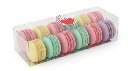 Transparent box with pastel-colored macarons sealed with a heart-shaped sticker on a white background