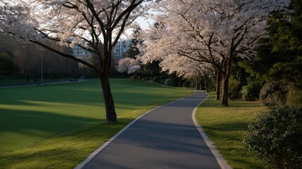Obraz premium Serene Pathway Through Cherry Blossom Trees in a Park During Early Morning Light