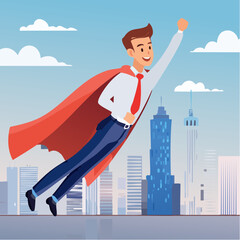 Homme d'affaire portant une cape rouge ainsi qu'un costume et une cravate, vole dans le ciel bleu au dessus d'une ville moderne, buildings, business  