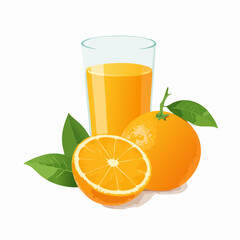 Verre de jus d'orange, orange entière, orange coupée, le plein de vitamines C ! Isolé sur fond blanc