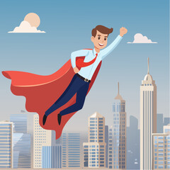 Homme d'affaire portant une cape rouge ainsi qu'un costume et une cravate, vole dans le ciel bleu au dessus d'une ville moderne, buildings, business  