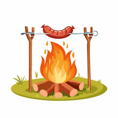 Joli petit feu de camp, avec une saucisse en train de griller sur une broche