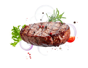 A cooked cut of beef with grill marks, surrounded by ingredients, like onion rings, rosemary, and peppercorns