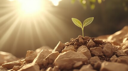 Small green sprout growing from soil and rocks in bright sunlight, representing new life and sustainable growth.