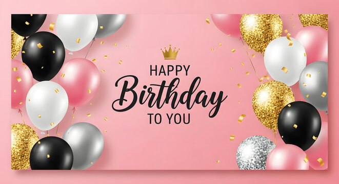 Happy birthday greeting card with pink background balloons and confetti - Powered by Adobe
