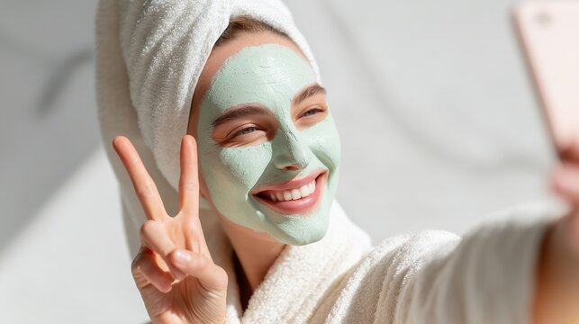 Smiling woman with green facial mask posing for selfie portrait image. Pretty young female sharing skincare on social media photography human scene. Spa resort concept photo-realistic