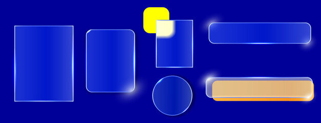 A set of design templates made of liquid glass on a blue background. Design elements for the app, phone, game menu, and website.Vector illustration
