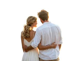 A couple, embracing, watches a sunset. The man's arm rests around the woman, with golden light in the backdrop