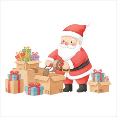 Santa Packing Gifts in Boxes Watercolor Illustration
