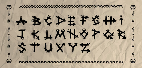 African mexican English alphabet featuring tribal geometric font with stone effect and doodle forms. Ethnic style reflecting western tribe age aesthetics on crumpled old papyrus paper. Vector