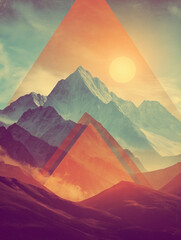 Vintage poster with abstract mountain shapes and faded cinematic glow