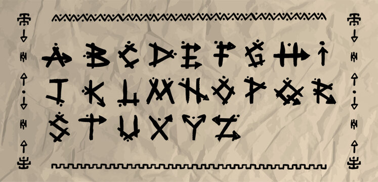 African mexican English alphabet featuring tribal geometric font with stone effect and doodle forms. Ethnic style reflecting western tribe age aesthetics on crumpled old papyrus paper. Vector