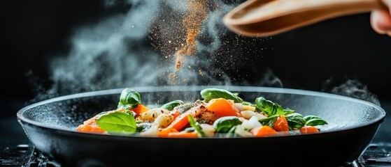 Fresh vegetables steam and spice fall into pan cooking healthy ingredients, close-up, dark background.