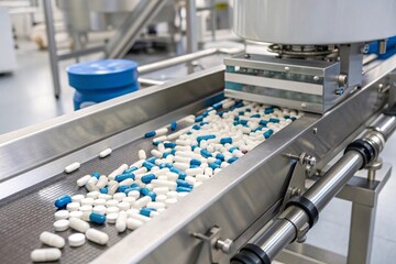Industrial pharmaceutical tablet conveyor line in a modern manufacturing facility
