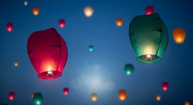 Colorful sky lanterns floating in the night sky during a festival event