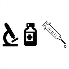 Medical icons showing a microscope medicine bottle and syringe Vector